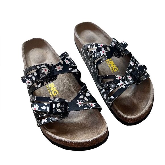 Viking Black White Floral Buckle Cut Out "Brama" Cork Birkenstock Style Sandal - Picture 1 of 10